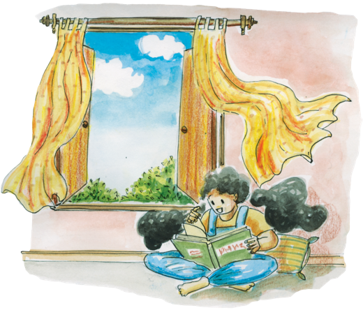 A child reading a book by an open window, curtains lifting in the breeze.