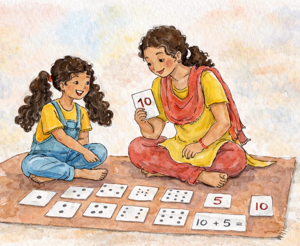 A mother and daughter sit together on a mat, going through number flashcards.